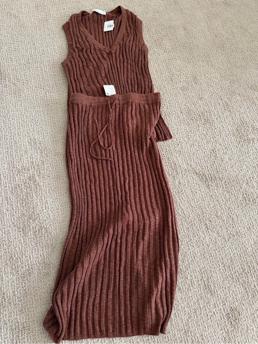 Free People Ribbed Two-Piece; Short Sleeve Top + Midi Skirt; Color: Rust